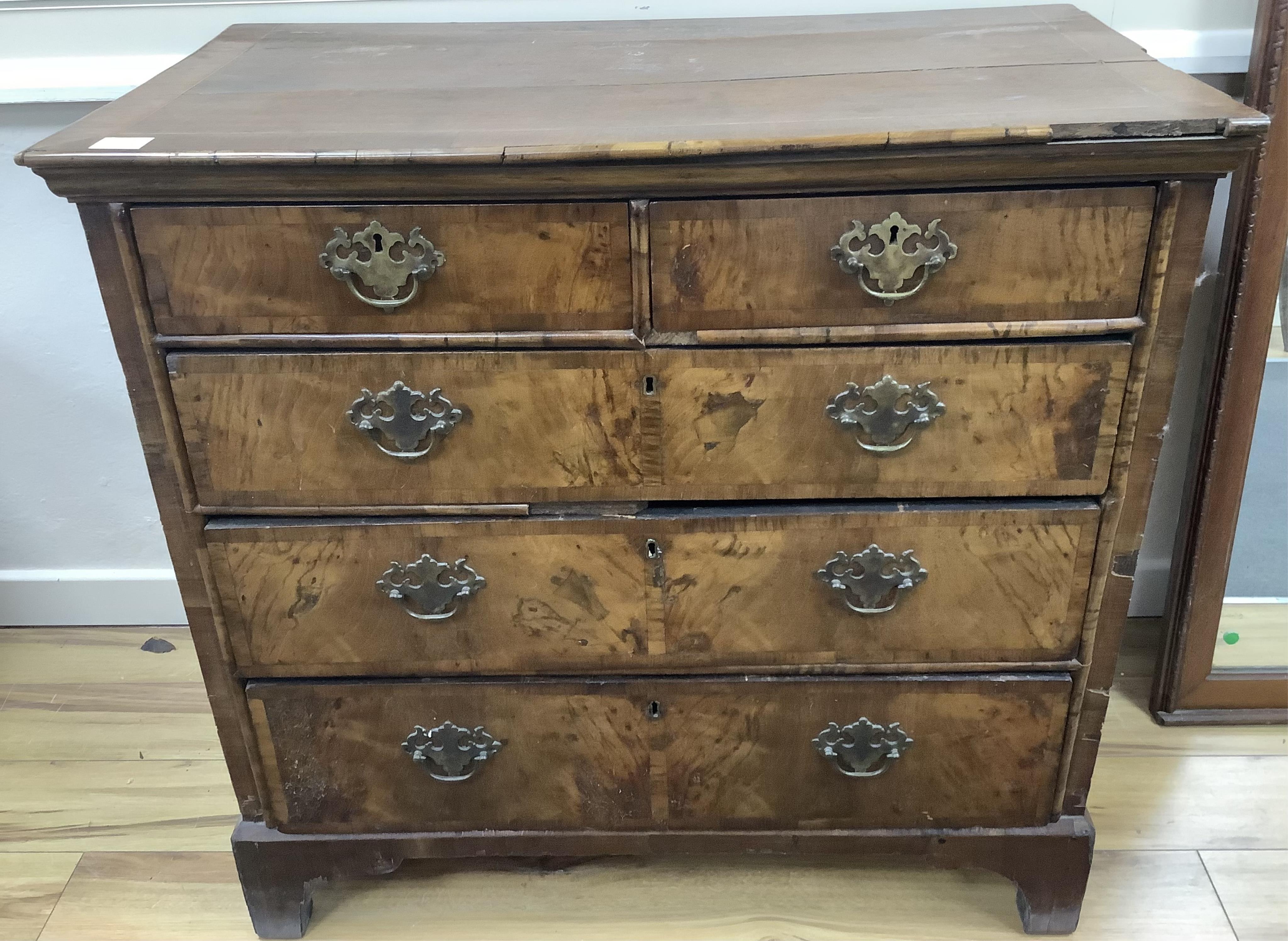 An 18th century walnut chest of drawers, width 96cm, depth 53cm, height 92cm. Condition - poor